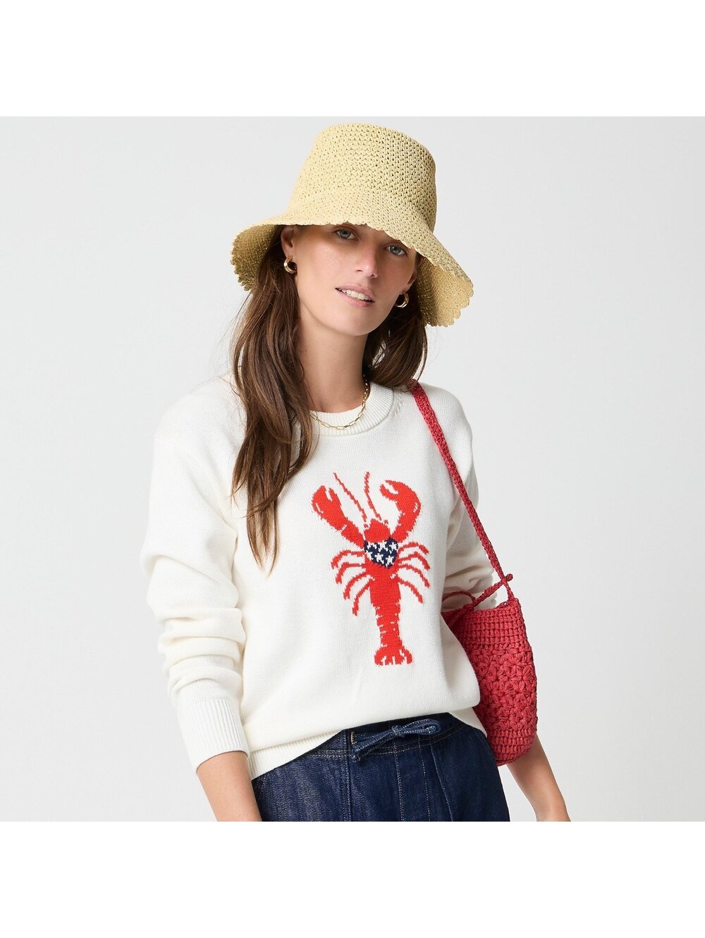 J.Crew Size Medium Lobster Sweater Ivory Americana Pullover Knit